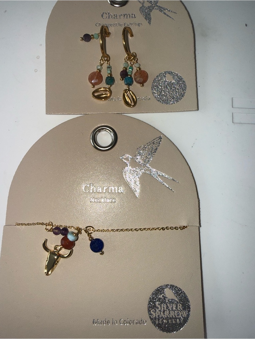 NWT- charma silver sGold-Tone Bull Pendant Necklace with earring Multicolor Bead